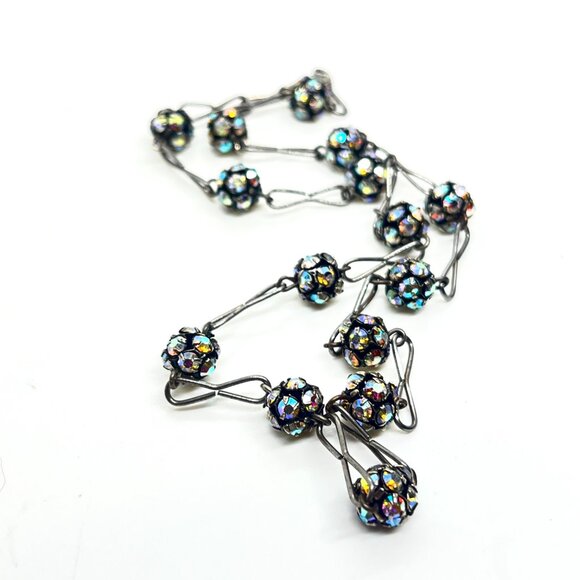 VINTAGE AB Aurora Borealis Crystal Disco Ball Necklace Gunmetal Station Choker - Picture 11 of 13